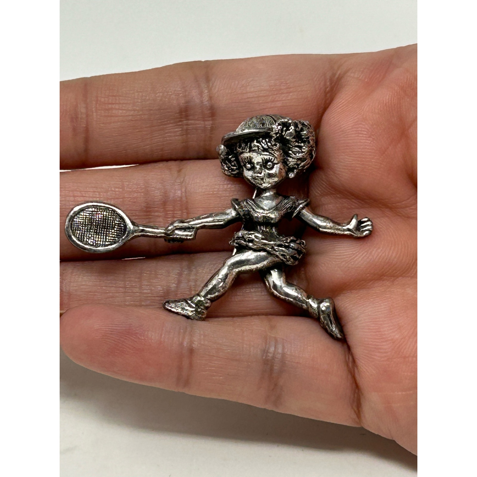 Vintage Tortolani Silver Tone Girl With Tennis Racquets Pin